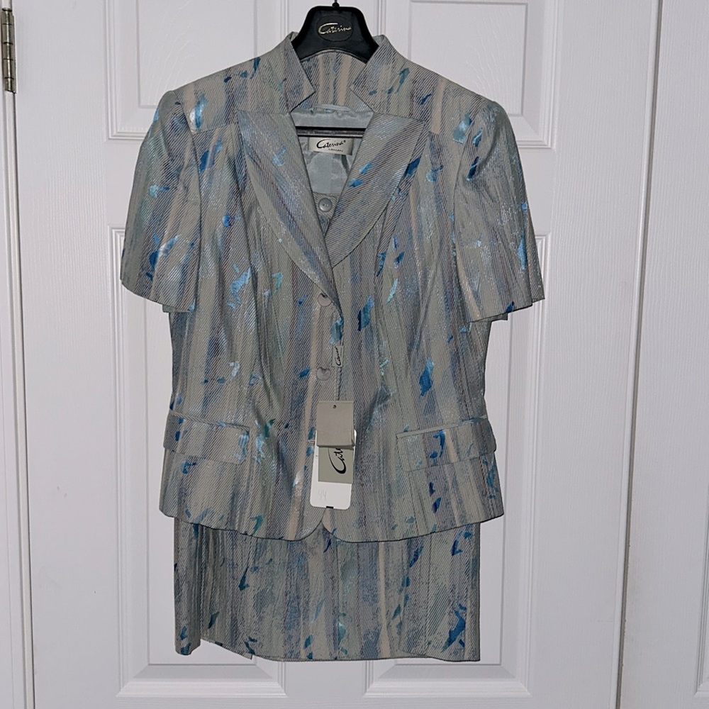 Caterina Leman Blue Grey Skirt Suit Women Size 4-6 🧍🏻‍♀️